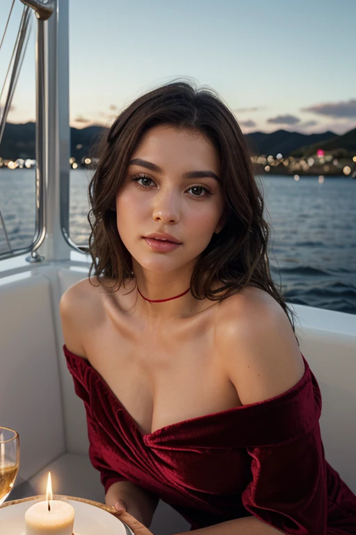 A beautiful girl chooses an elegant off-the-shoulder velvet dress with a thigh-high slit. A faux fur stole adds a touch of glamour. Ambient: The dinner cruise is illuminated by soft candlelight, and guests enjoy gourmet cuisine while sailing through winter waters. The sound of gentle waves and a romantic setting. She has a brown silky hair, big brown eyes, beautiful face, bright facial skin, impression-less, very beautiful Instagram model, realistic image. Dynamic composition, motion, ultra - detailed, incredibly detailed, a lot of details, amazing fine details and brush strokes, smooth.