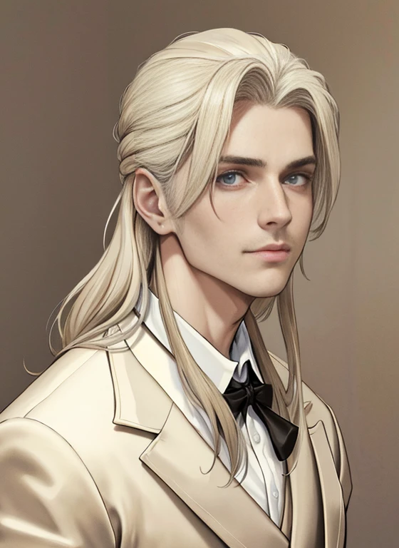 Retrato de um homem na casa dos 20 anos, Homem de 28 anos, misterioso, melancholy, standing, Acima da cintura, hands down, ((beige three piece suit)), ((cabelo entre os olhos)), cabelo lateral comprido, franja, ((Olhando para o visualizador)), Messy hair, Hair to the shoulders, cabelo bege, Pale skin, olhos castanhos escuros, (((gender neutral))), Game Graphics, fundo branco, Late 19th century
