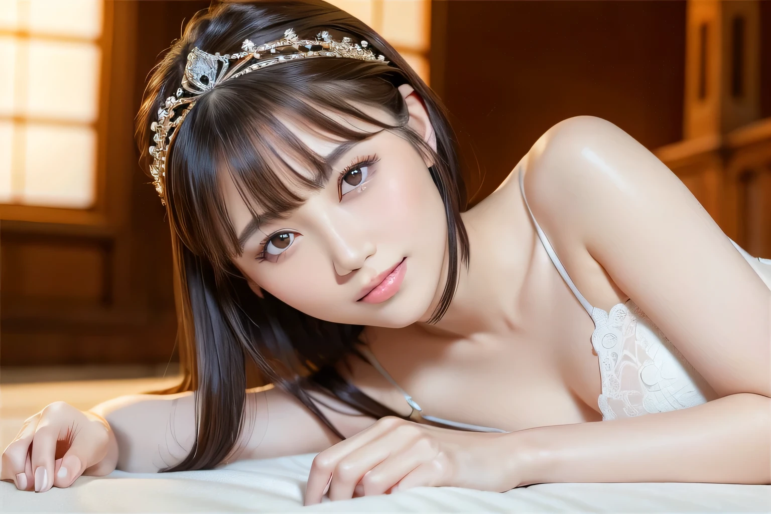 (highest quality:1.5)、(Realistic:1.5)、(1 person:1.5)、(On all fours:1.2)、(Crawling posture)、Very detailed、High resolution、8k wallpaper、、Small breasts、Natural color lips、Cute Smile、Japanese women、20-year-old girl、Beautiful and elegant face、Perfect and beautiful face、Big eyes、Brunette's eyes、Beautiful and elegant face、Perfect and beautiful double eyelids、Natural Bangs、Beautiful thin nose、Beautiful Skin、chestnut brown hair、Medium Bob Hair、Shortcuts、Natural Bangs、Perfect and beautiful face、Slim face and figure、(looking at the camera)、Bright lighting、Professional Lighting、Forward lighting、Natural smile、church、princess-Line wedding dress、tiara、Beautiful cleavage、