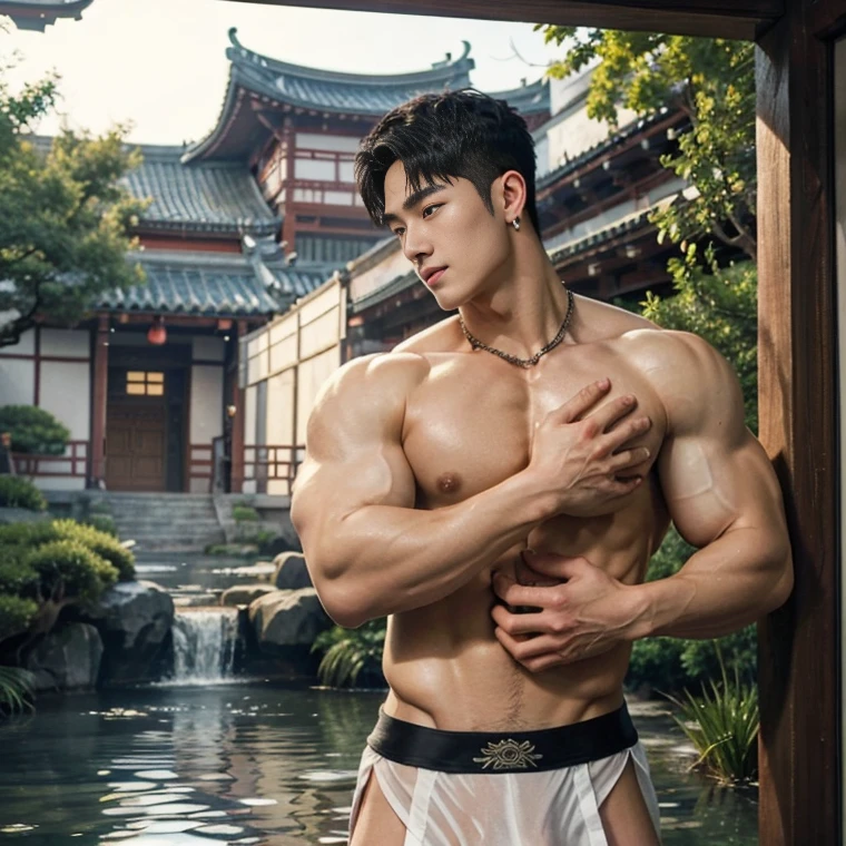 2 Handsome chinese guy kissing, smilling at each other, bare chest , strong sport muscle body, show the abs, 20 years old,hug, cuddle, touching lips, skin ship, romantic, Asian, chinese hansome actor, kpop idol, handsome male model,manly, master work, best picture quality, higher quality, high detail, super high resolution, 8k resolution, perfect clear sun light,perfect eyes, perfect skin, manly jawline, manly chin, perfect hands, big chest muscles, bare chest, big juicy s, tattoos chest, tattoo hands, tattoo legs, tattoo back, tattoo arms,earings, ancient pendents, braceles, glowing eyes, short mess curly hair, hair details, detailed background , open Hanfu transparent (see throught) ,super skiny chinese loincloth, big bulge, wet cloth, golden and silver detail in cloth, detailed perfect abs, Chinese garden background, detailed background, Chinese kung fu,skinny anciennt chinese costumes, spinning floating particles, chinese temple in background,