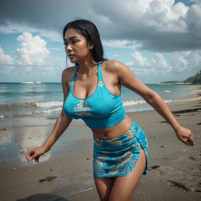 realistic photo of a beautiful Indonesian woman wearing a cyan tank top and a long batik pencil skirt, large breasts, playing on a beautiful beach with a cloudy and humid atmosphere, slightly wet after the rain has subsided