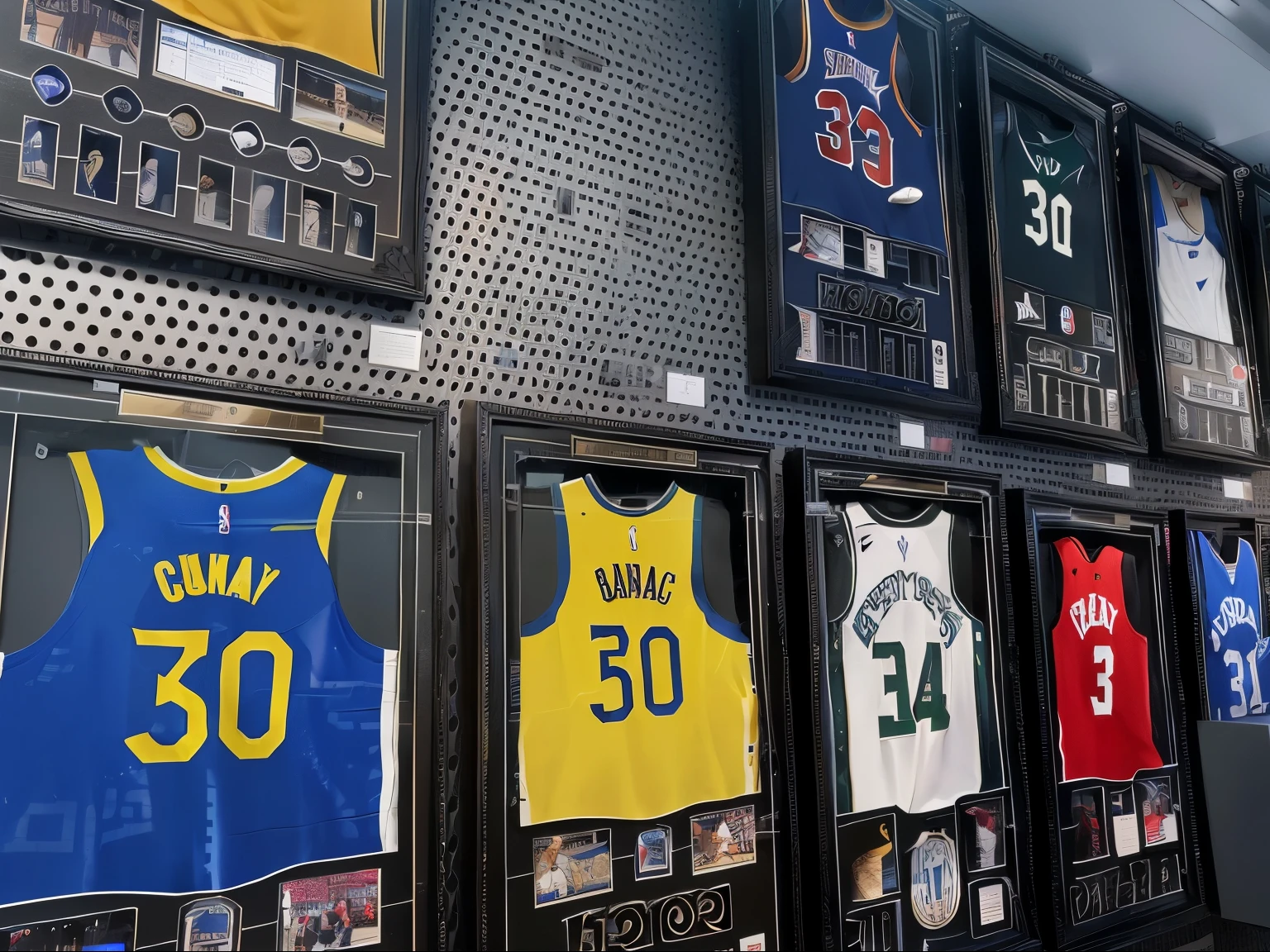 a grove of framed sports jerseys are displayed on a wall, wearing nba jersey, taken in 2 0 2 0, nba, the nba finals, bay area, curated collection, by Tom Wänerstrand, displays, edited, on display, by Bernie D’Andrea, collection, locker room, professional sports style, number 31 on jersey, displayed on the walls