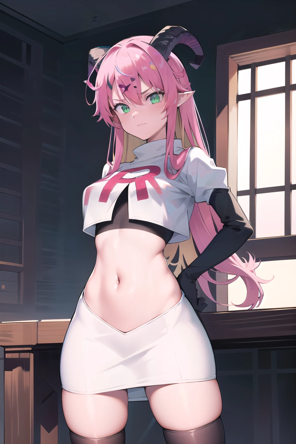 (SFW), masterpiece, best quality, highres k, professional artwork, famous artwork, clean, cinematic lighting, beautiful green eyes + detail, beautiful hair + detail, 1girl, sexy young female body:1.3, (beautiful breasts), looking at the viewer, aloe1, 1girl, solo, pointy ears, multicoloured hair, asymmetrical horns, demon horns, hair ornament, blonde hair, long hair, pink hair, demon tail, green eyes, horn bow, horn ornament, bangs, headphones around neck, hair between eyes, team rocket,team rocket uniform,white skirt,red letter R,crop top,black thigh-highs,black elbow gloves
