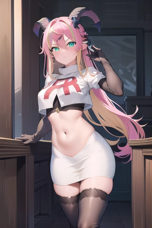 (SFW), masterpiece, best quality, highres k, professional artwork, famous artwork, clean, cinematic lighting, beautiful green eyes + detail, beautiful hair + detail, 1girl, sexy young female body:1.3, (beautiful breasts), looking at the viewer, aloe1, 1girl, solo, pointy ears, multicoloured hair, asymmetrical horns, demon horns, hair ornament, blonde hair, long hair, pink hair, demon tail, green eyes, horn bow, horn ornament, bangs, headphones around neck, hair between eyes, team rocket,team rocket uniform,white skirt,red letter R,crop top,black thigh-highs,black elbow gloves