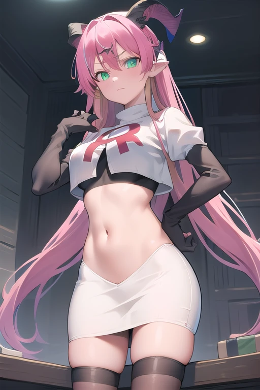 (SFW), masterpiece, best quality, highres k, professional artwork, famous artwork, clean, cinematic lighting, beautiful green eyes + detail, beautiful hair + detail, 1girl, sexy young female body:1.3, (beautiful breasts), looking at the viewer, aloe1, 1girl, solo, pointy ears, multicoloured hair, asymmetrical horns, demon horns, hair ornament, blonde hair, long hair, pink hair, demon tail, green eyes, horn bow, horn ornament, bangs, headphones around neck, hair between eyes, team rocket,team rocket uniform,white skirt,red letter R,crop top,black thigh-highs,black elbow gloves
