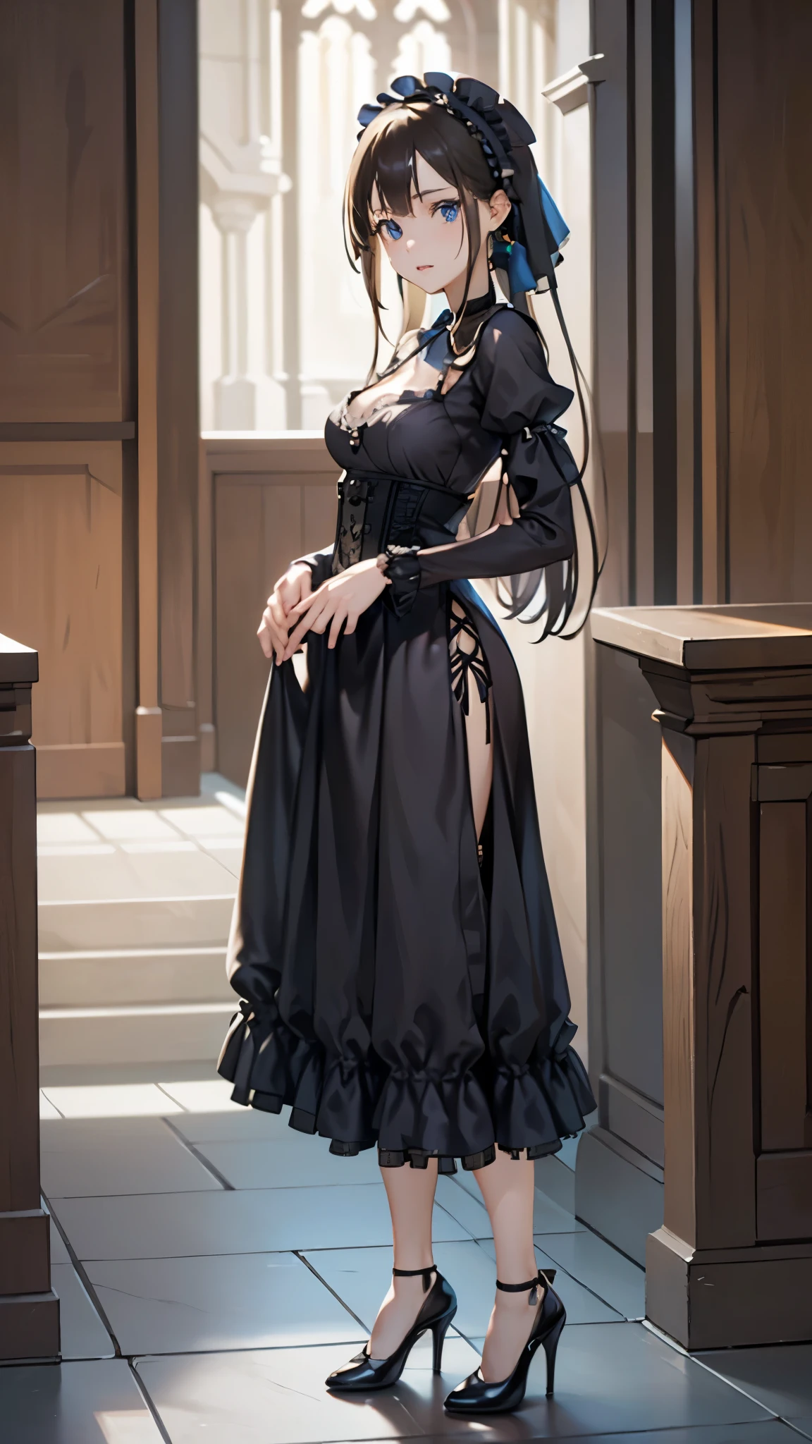 ((Biologically correct number of limbs))、(( Illustrations including faces))、4K、Masterpiece、((focus on the face))、((Symmetrical facial features))、Eyes with detailed description、Beautiful woman、Outstanding style、Slender Body、((Gothic ta、Gothic Lolidress、High heels)、church、Upper body close-up
