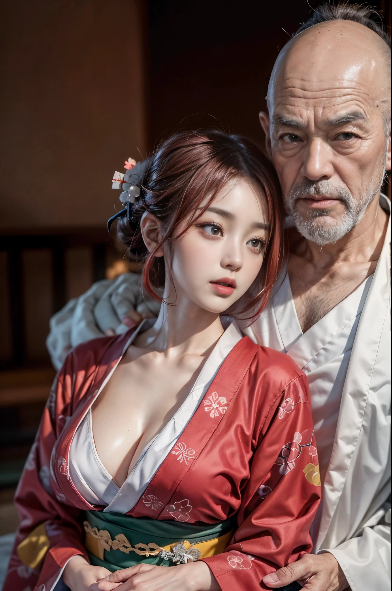 RAW, photorealistic, wide angle, facing forward, portrait of (2 people:1.5, they are a yakuza couple), he is a (japanese old (bald man):1.3) with long white beard and she is a (young geisha:1.3) in (hanging down kimono:1.2) exposed her droopy soft breasts, slim body with sexy posture, (short red hair:1.3), detailed face with seductive expression, they hug up each other, (old man squeeze her breast softly:1.4) from behind, while she is soaking in onsen, romantic ambient, she looks enjoy it with droopy eyes, a bit opened her sensual lips, extremely detailed face, detailed hand and fingers, photon mapping, natural daylighting, foggy atmosphere, calm colors tones