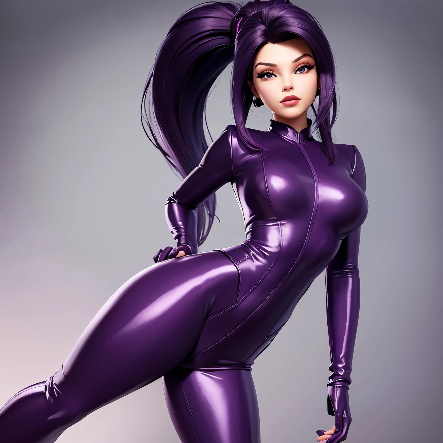 concepto de dominatriz violeta, imagen de retrato Unreal Engine 5 8K UHD de hermosa hembra, full violet latex, pelo liso con flequillo romo, violet tight latex, ponytail, futuristic design, hermoso maquillaje, mejor calidad, Obra maestra, pechos grandes, from below, legs open