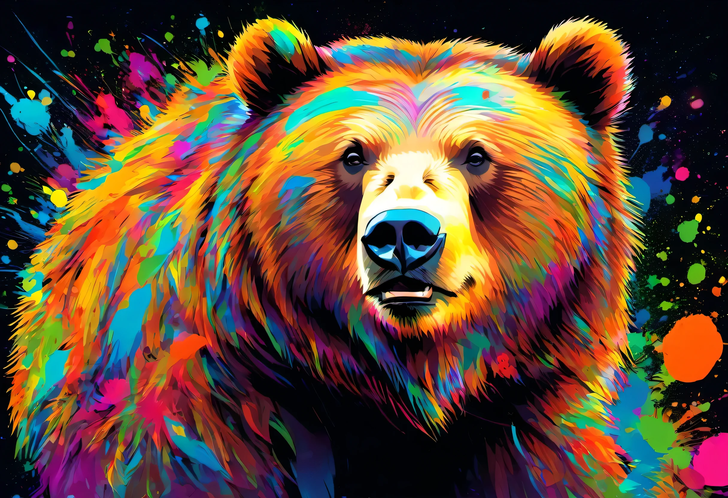 A Grizzly Bear with colorful paint on its face and leaves, vector art:Zahari Zograf, Trending on Pexels, psychedelic art, Rich in color and detail, A complex and colorful masterpiece, art:Alessandro Pautasso, very complex and colorful, colorful hd images, A colorful and intricate masterpiece, High quality HD digital art, great digital art, very colorful