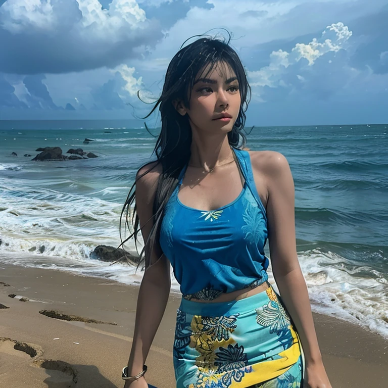 realistic photo of a beautiful Indonesian woman wearing a large cyan tank top and a long batik pencil skirt, playing on a beautiful beach with a cloudy and humid atmosphere, slightly wet after the rain has subsided
