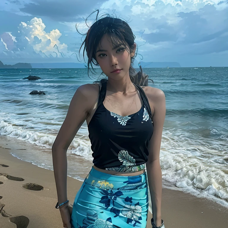 realistic photo of a beautiful Indonesian woman wearing a large cyan tank top and a long batik pencil skirt, playing on a beautiful beach with a cloudy and humid atmosphere, slightly wet after the rain has subsided