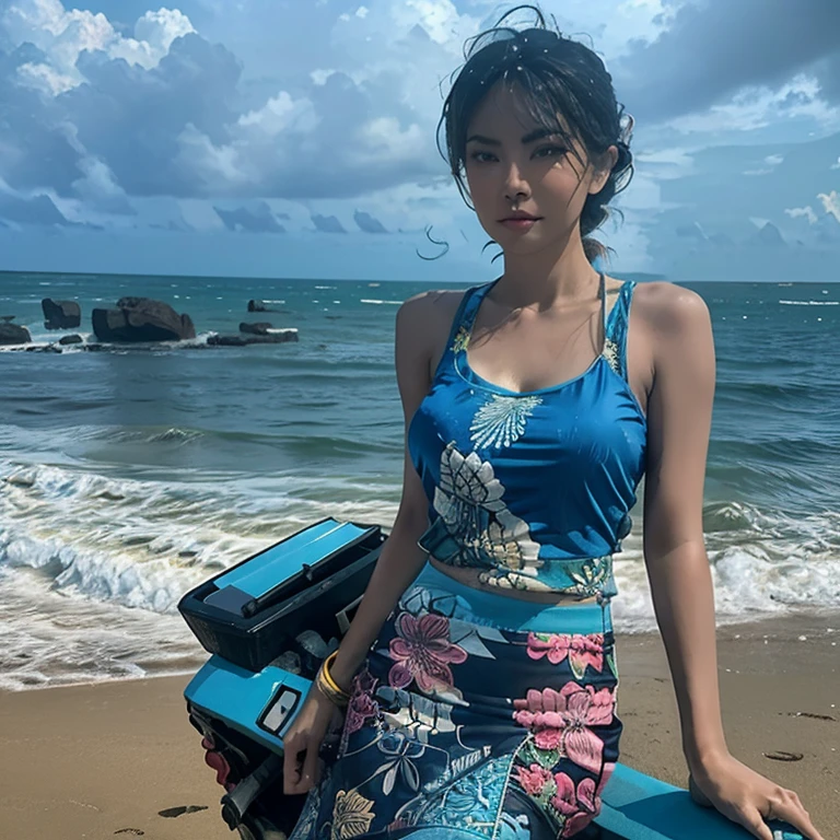 realistic photo of a beautiful Indonesian woman wearing a large cyan tank top and a long batik pencil skirt, playing on a beautiful beach with a cloudy and humid atmosphere, slightly wet after the rain has subsided