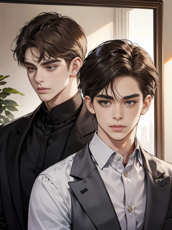 Masterpiece, Best quality, Realistic, 1 person, Mature male, Quiet and charming young man, 25 age old, Serious look, Closed mouth, Portrait, Extremely detailed face, cold smile, ((dark gray eyes)), ((Right sweep short dark brown hair)), [Thick eyebrows], ((suit)), Handsome, full bodyesbian, Western, Jewish, Light brown skin,Stand in front of the mirror，Organize your clothes
