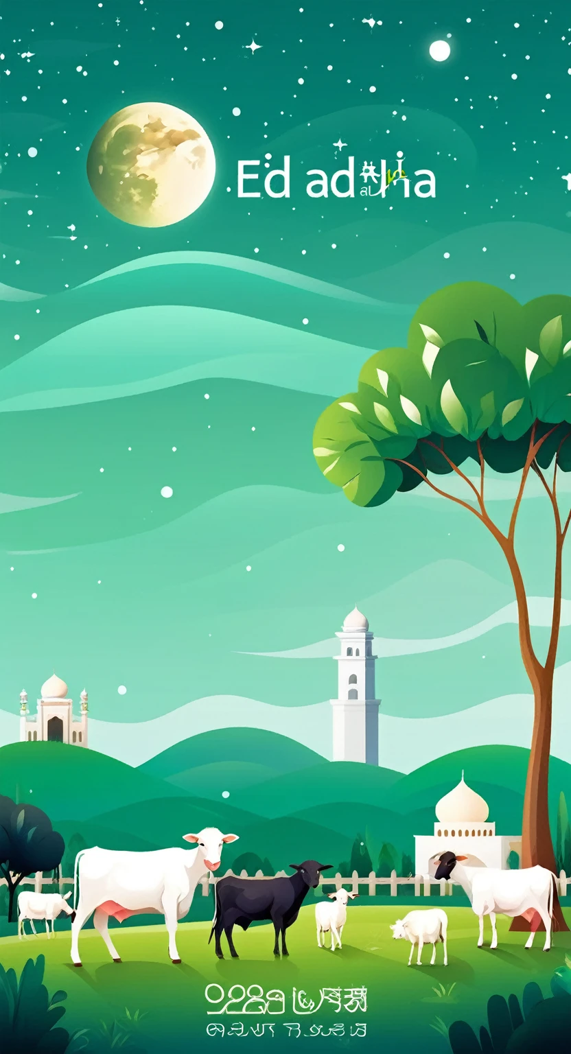 Eid al-Adha，Indonesian locals, Cows and sheep，Green lawn, moon，mosque，Light starry sky background, Flat illustration style，animal, Adopts 2D game art style, Fresh and healing, editorial illustration, Zeiss Batis 18mm f/2.0/2.8