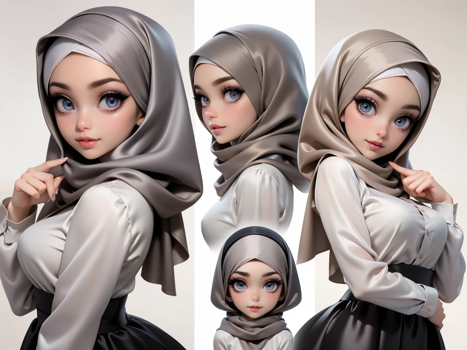 Character Design - a close up character design sheet of a beautiful hijab girl character, beautifully makeup, eyeshadow, Parted Lips, detailed eyes, beautiful big eyes, long eye lashes, smile,. She's dresses (Dark gray satin headscarf)), loosely tide hijab style, ((Taupe satin shirt)), satin long skirt. Cartoon style, front, side and back views