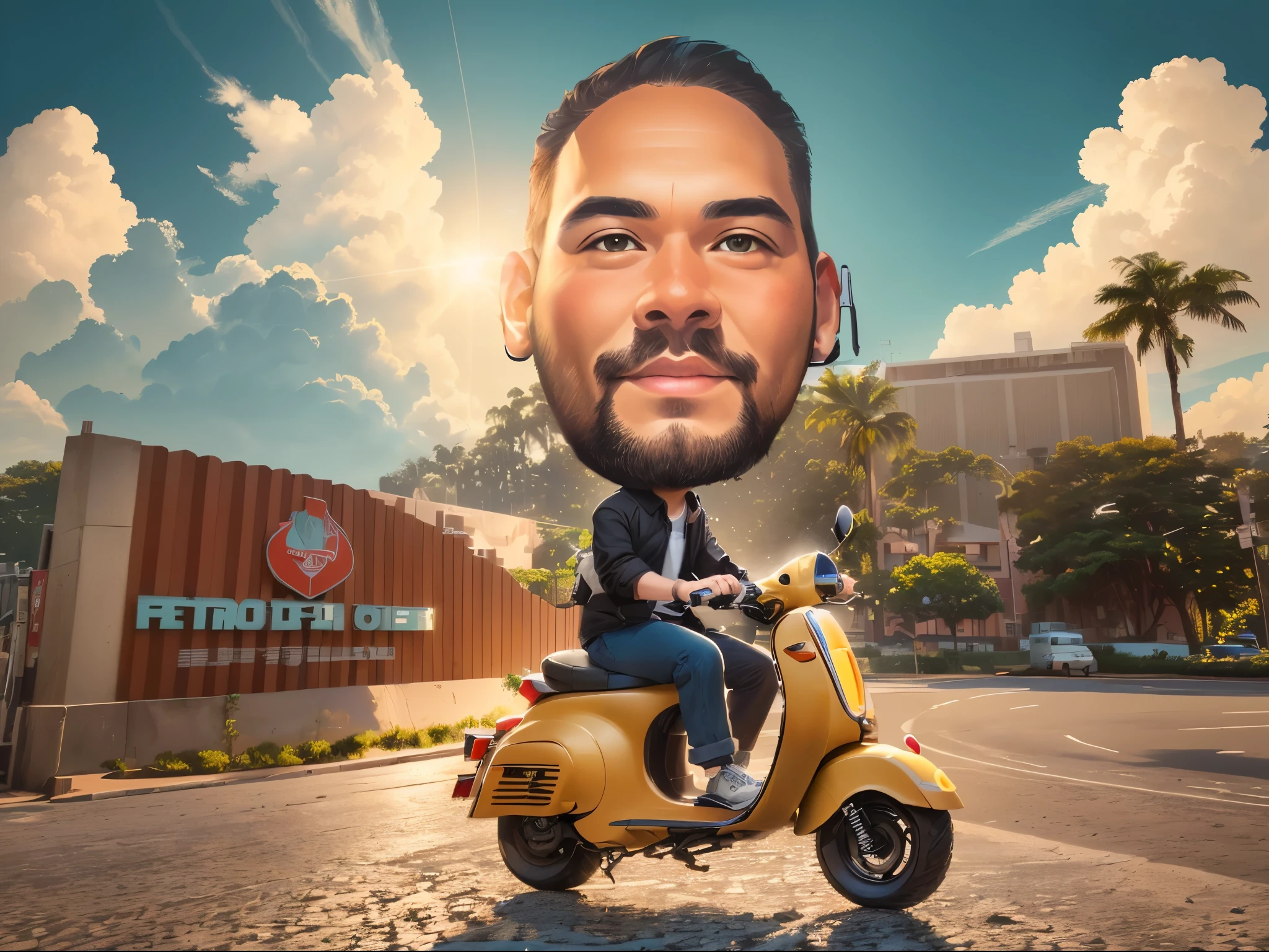 cartoon of a man riding a scooter with a caricature of a dinosaur on the back, caricature illustration, caricature style, caricature, caricature!!!, fanart, inspired by Oka Yasutomo, sleek, big head, nft portrait, caricatural, stylized digital illustration, inspired by Rudy Siswanto, riding on the moped scooter, cel illustration