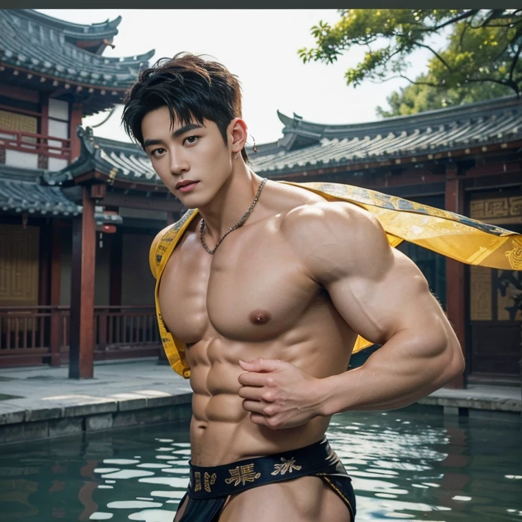 2 Handsome chinese guy kissing, smilling at each other, bare chest , strong sport muscle body, show the abs, 20 years old,hug, cuddle, touching lips, skin ship, romantic, Asian, chinese hansome actor, kpop idol, handsome male model,manly, master work, best picture quality, higher quality, high detail, super high resolution, 8k resolution, perfect clear sun light,perfect eyes, perfect skin, manly jawline, manly chin, perfect hands, big chest muscles, bare chest, big juicy butts, tattoos chest, tattoo hands, tattoo legs, tattoo back, tattoo arms,earings, ancient pendents, braceles, glowing eyes, short mess curly hair, hair details, detailed background , open Hanfu transparent (see throught) ,super skiny chinese loincloth, big bulge, wet cloth, golden and silver detail in cloth, detailed perfect abs, Chinese garden background, detailed background, Chinese kung fu,skinny anciennt chinese costumes, spinning floating particles, chinese temple in background,