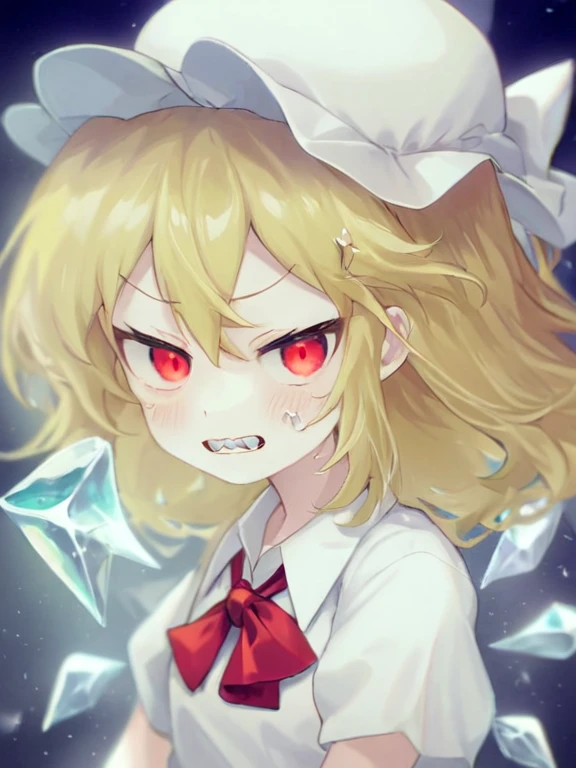 One girl,alone,Flanders_scarlet,Have,blonde_hair,wing,pain_cap,red_eye,Ascot,white_hat,tooth,yellow_Ascot,Best,swollen_short_sleeve,red_Best,前hair,Have_bow,One_~ side_superior,shirt,crystallization,length_hair,skin_tooth,