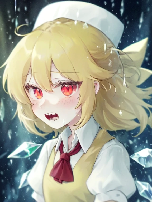 One girl,alone,Flanders_scarlet,Have,blonde_hair,wing,pain_cap,red_eye,Ascot,white_hat,tooth,yellow_Ascot,Best,swollen_short_sleeve,red_Best,前hair,Have_bow,One_~ side_superior,shirt,crystallization,length_hair,skin_tooth,
