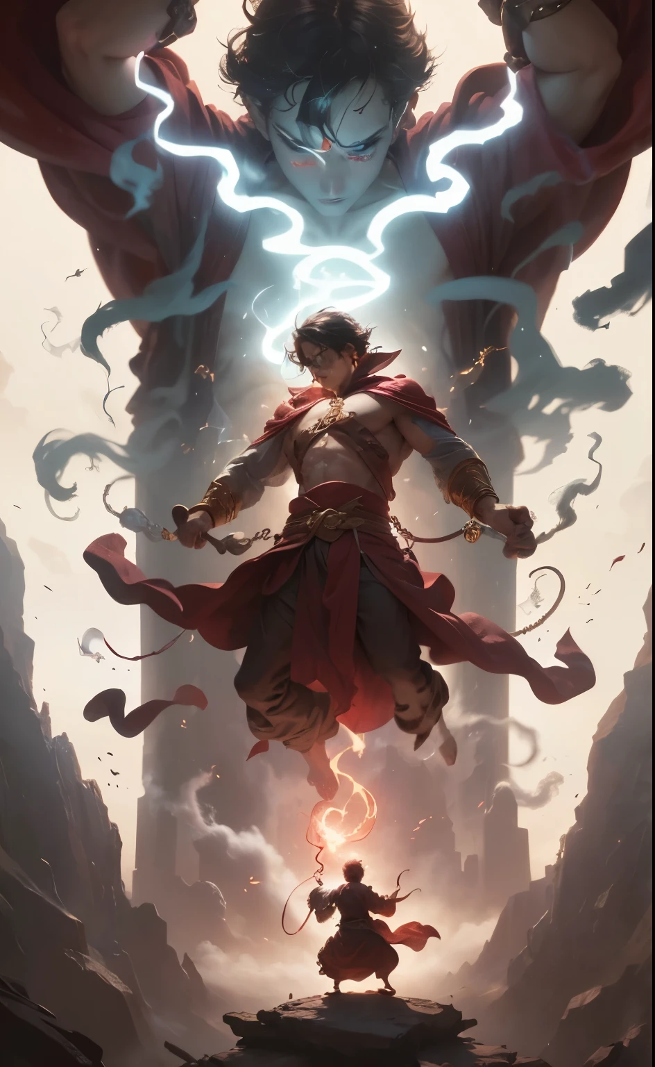 an image portraying the binding of the Jinn. huge genie susspended in mid air, Hero young boy man in robes and maroon cape whip tying th Jinn furiously, double exposure, 34k resolution, A supernatural creature who does one's bidding when summoned, A jinni, jinnee