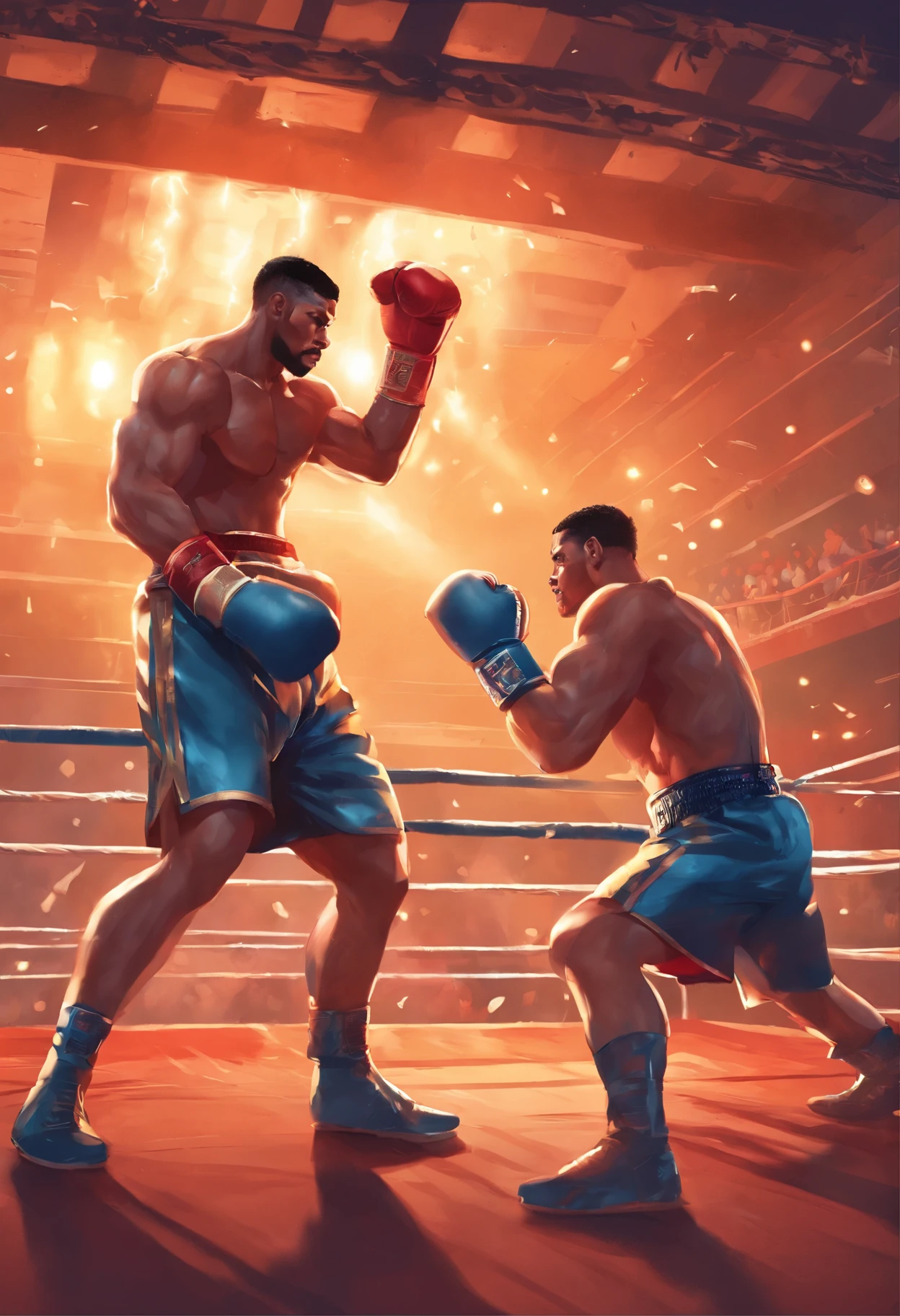 Two boxers stood on the ring, sweat dripping from their faces. The intense battle filled the entire gymnasium with a oppressive atmosphere. One boxer swung his fist rapidly, while the other cunningly dodged every attack. The audience screamed in the tense match, their cries intertwined with the sound of the boxer's heavy blows. The lights flickered on the arena, reflecting the sweat and strength on the boxer's body. This is a passionate and determined duel, where every boxing is a desire for victory and respect for the opponent.,Dream colors,studio light,isometric,Best quality,UHD,HDR,Blender,3D model,Cinema4D,octane rendering,ultra-detailed,unreal engine 5,high resolution,16K,photorealistic,3D rendering,hyper detailed,hyper realistic,Retro-futurism,cinematic style,holographic,symmetrical composition,Futurism,detailed intricate,documentary photography,Award-winning,low saturation,depth of field,bright