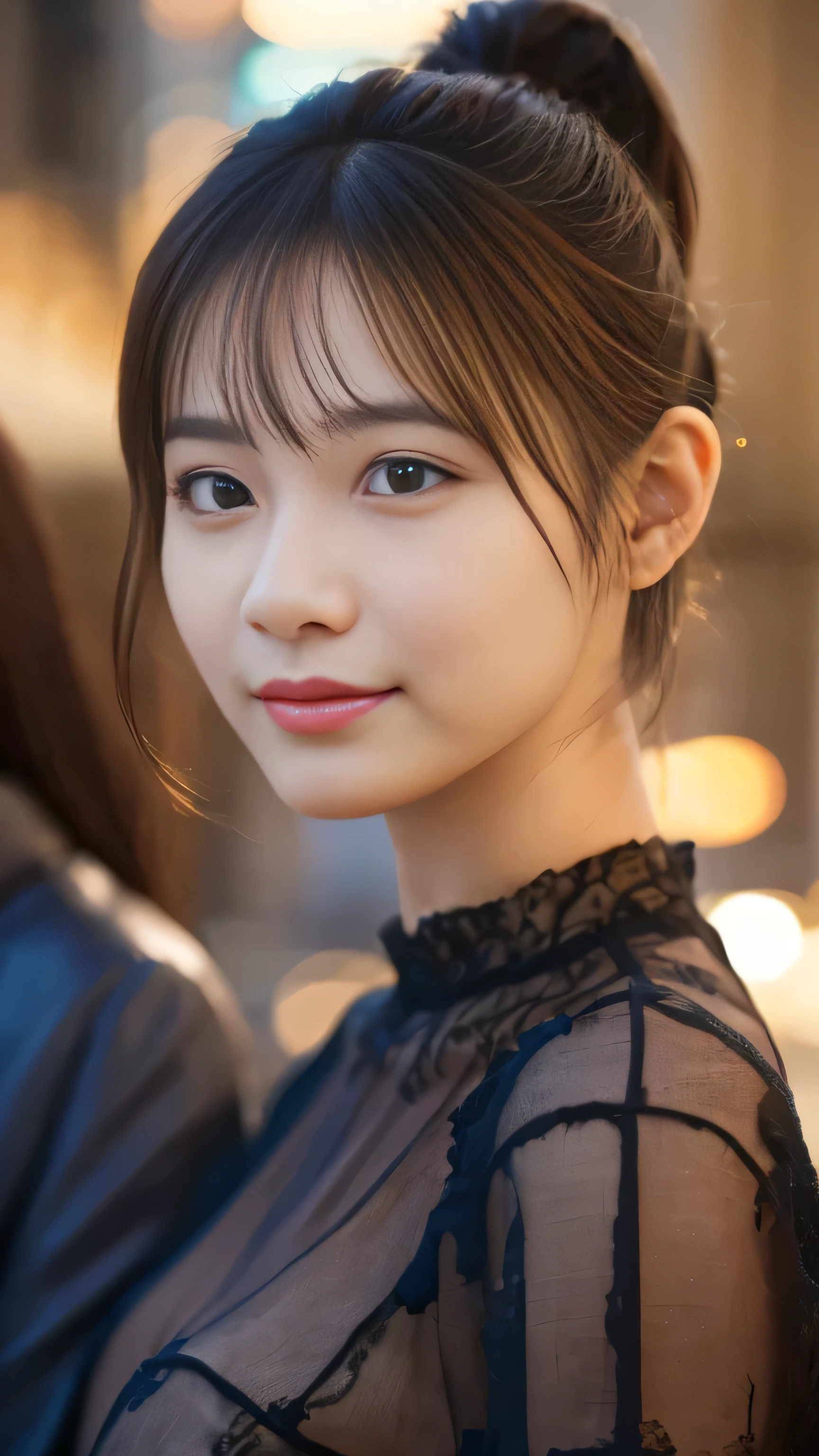 1 girl, (wearing a black top:1.2), Beautiful Japanese actress, (Ponytail:1.3),
(original photo, best quality), (Practical, Photorealism:1.4), masterpiece, 
Very delicate and beautiful, Very detailed, 2k wallpapers, wonderful, 
Finely, very detailed CG Unity 8k wallpaper, Ultra Detailed, high resolution, 
Soft Light, Beautiful and meticulous girl, Very detailed目と顔, Beautifully detailed nose, Beautiful and delicate eyes, Movie Lighting, 
rest
(Snowy night cityscape as background 1.3), city lights, 
Perfect anatomical structure, slim body, Smile, Fully forward facing, Looking at the camera