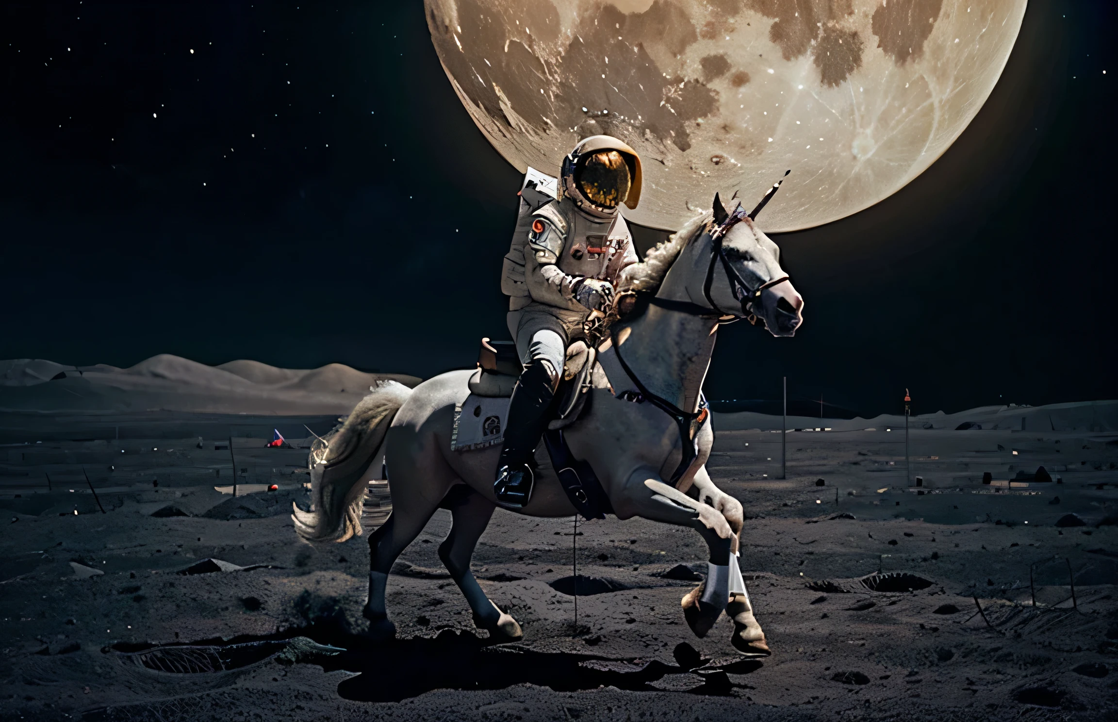 an astronaut riding a unicorn on the moon with planet earth in the background