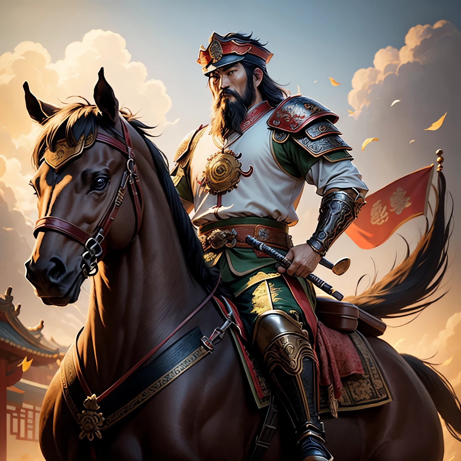masterpiece、Top quality、Ultra Detailed、(Three Kingdoms character Guan Yu:1.2)Broadsword, horse riding,detailed portrait, Vintage illustration, high resolution, True to life colors, Complex drawing, Old Texture, Vibrant colors, Dramatic Lighting, full-body shot, Broadsword