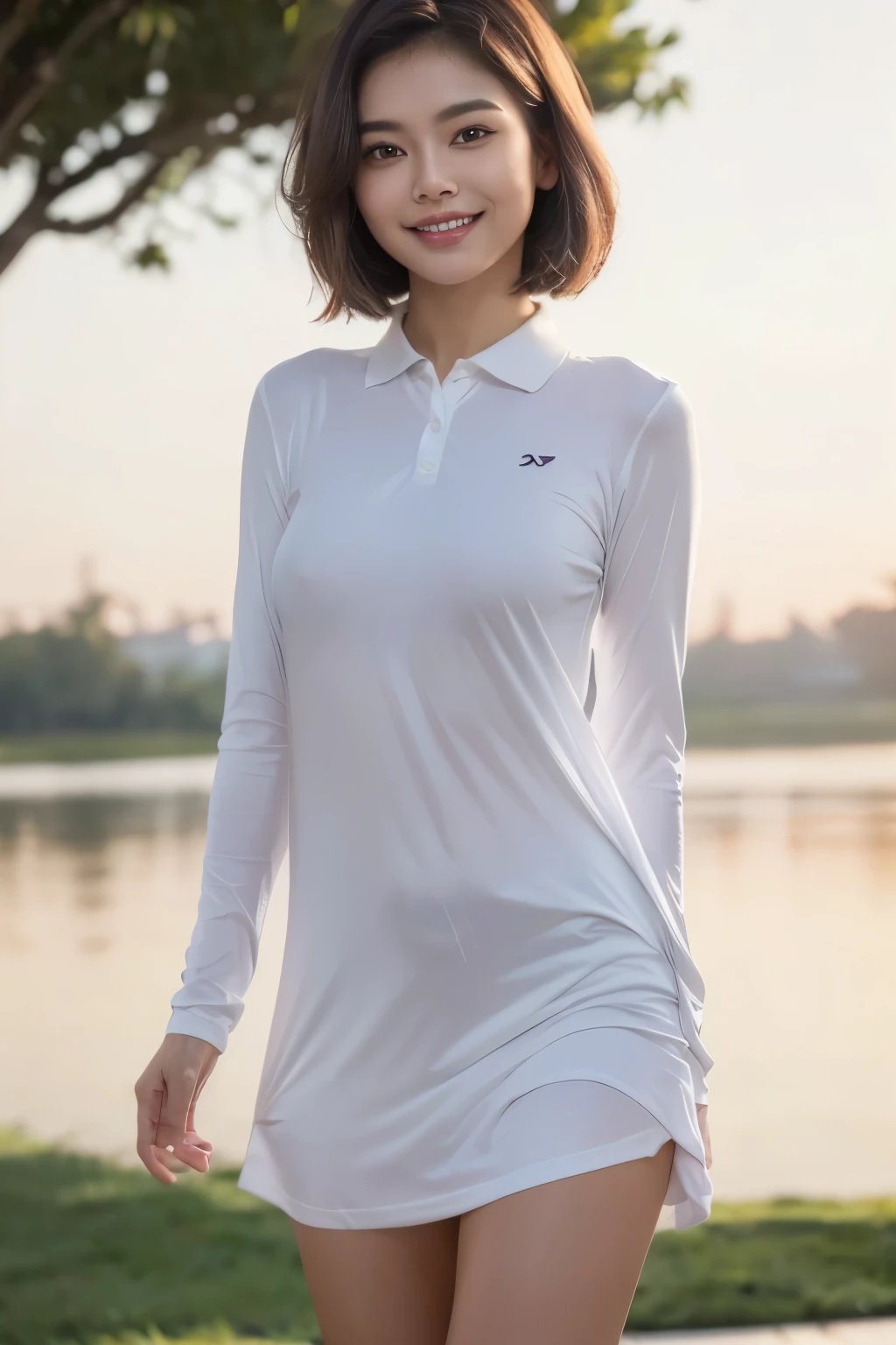 (8k, best quality, masterpiece:1.2), (realistic, photo-realistic:1.37), ultra-detailed, 1 girl, cute, solo, (nose blush), (smile:1.15), (closed mouth) small breasts, beautiful detailed eyes, full body, (standing:1.1), (short hair:1.2), floating hair NovaFrogStyle, white tunic polo shirt, long sleeve, (( dark background)), grey background,