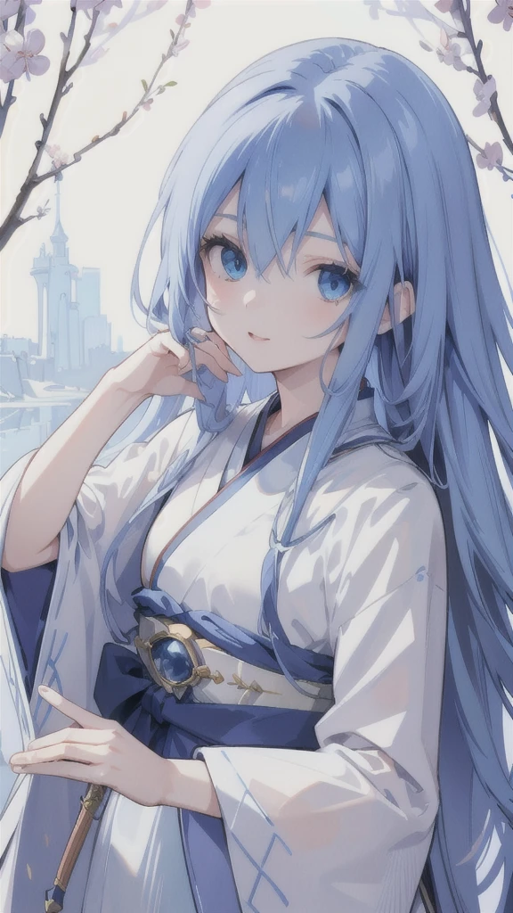 (best quality,4k,highres),detailed and realistic portrait,anime style,beautiful girl with long deep blue hair,gorgeous sapphire eyes,blue hanfu armor,dagger