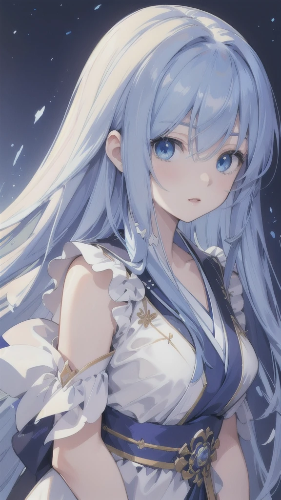 (best quality,4k,highres),detailed and realistic portrait,anime style,beautiful girl with long deep blue hair,gorgeous sapphire eyes,blue hanfu armor,dagger