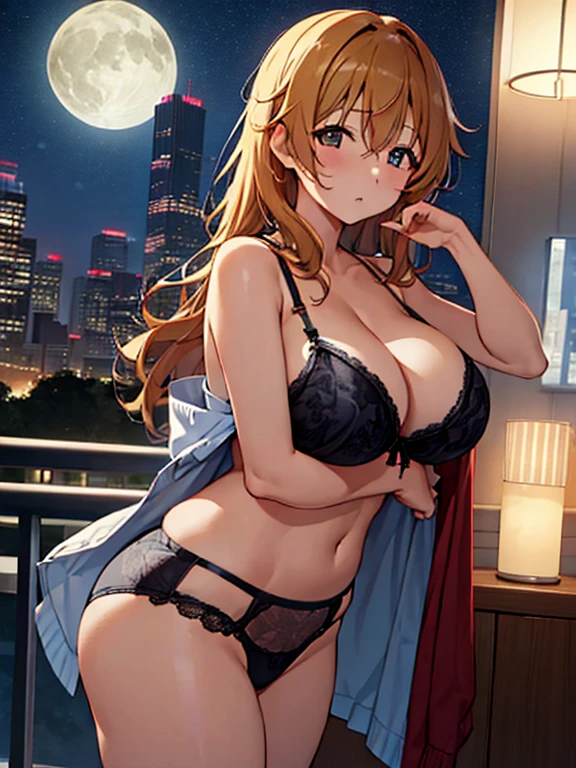 (highest quality、Highest quality、4K,POV shot、Midnight Night View、Super popular gravure model、Mature women with huge breasts and firm asses、)Panicked and surprised expression、彼女はBeing watched、Look back、Patterned underwear、bra(ハイbraンドbraジャー、)、Thong、Skyscraper condominium、Balcony、Exposed to the night wind、 Being watched、
