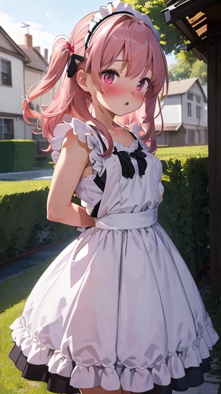 masterpiece、highest quality、Very detailed、8k CG、
Photograph the upper body、1 female、(Put your arms behind your back:1.2)、Are standing、Body facing forward、View your viewers、(Old-fashioned maid outfit),blush,shy,(trembling:1.2),Pink Hair,Open your mouth,garden,