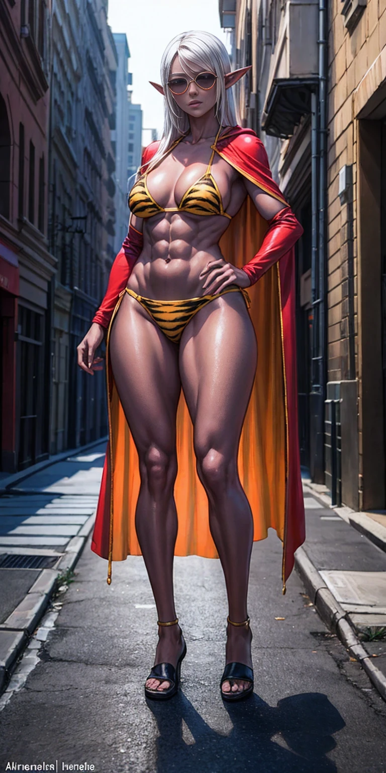 Full body, masterpiece, female drow elf purple skin standing pose (yellow tiger bikini), red cape, red bikini, long white hair, strong body, abs, Ultra Quality, Shiny Skin, Atmospheric, 8K, Cinematic, ((Street background)), BREAK, Sunglasses