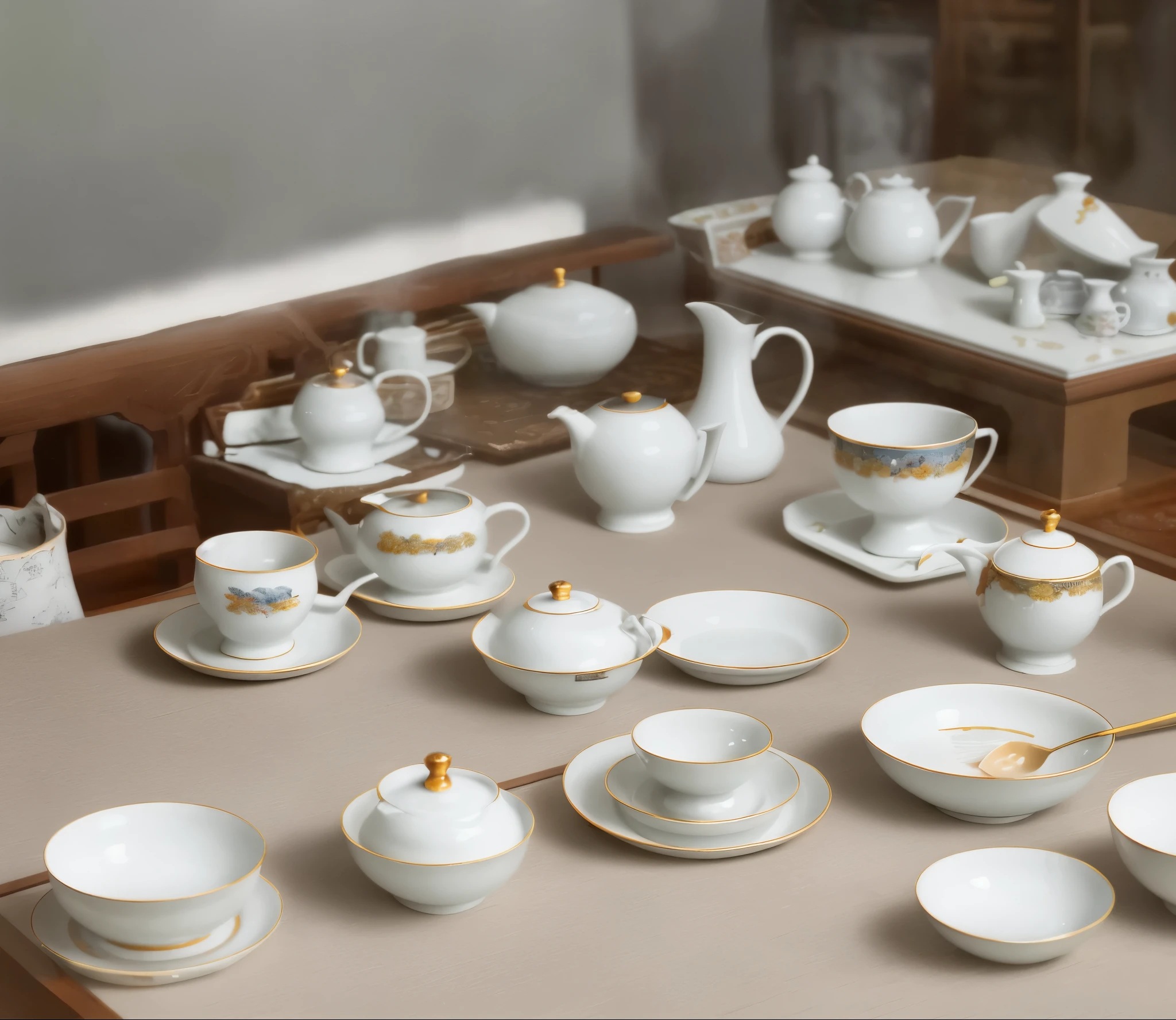 There were many cups and saucers on the table, engalnd porcelain tea set, dynasty, mountain water, Oriental, porcelain, beijing, China, Mist, Chinese, su fu, Ancient sword, daoshu, Full view, Setting, pot, Fine porcelain, inspired by Li Keran, Peaks, 2023 4K, zun