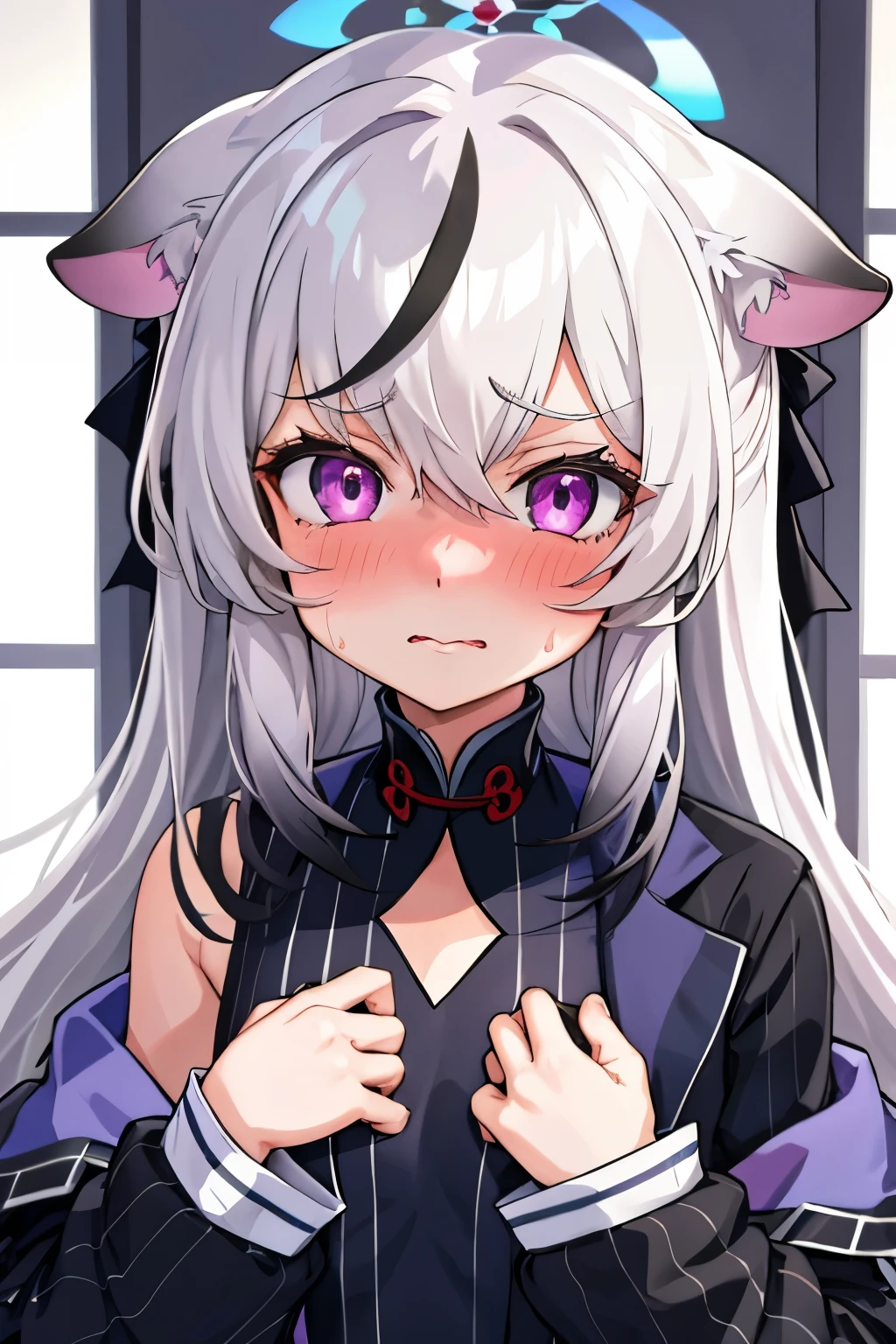 1girl, kokona, indoors, purple eyes, white hair, :3 mouth, embarrassed, beautiful eyes, beautiful lips, shiny lips, extremely detailed eyes and face, long eyelashes, close-up, warm lighting, vibrant colors, looking at the viewer, embarrassed look, blush, Winter suit, winter wonder
