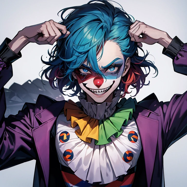 Homem sorrindo, cara de sarcasto, clown makeup, coringa