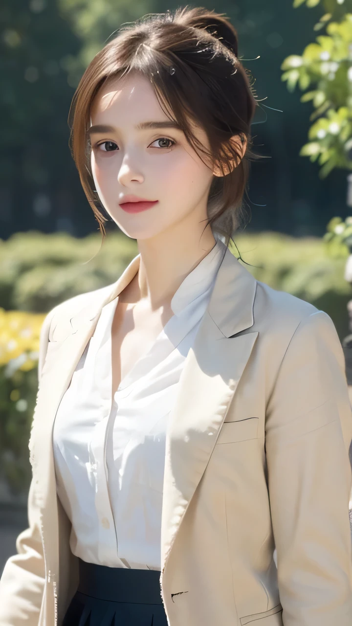 (Surrealism), (high resolution), (8k), (Very detailed), (Beautiful and delicate eyes), (Top quality), (Ultra Detailed), (masterpiece), (Delicate face), Soft Focus、emma watson face、huge 、Japanese、 Wear、Khaki blazer、A bright smile、British School、mini skirt、ponytail