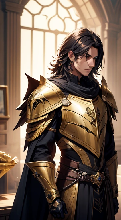um homem, Cabelo prateado, golden eagle knight, armadura fina, design intrincado, detalhes vermelhos, Seda, cinematic lighting, 4K, Cabelo flutuante, afiado, prism, cavaleiro brilhante