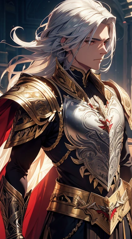 A man, silver hair, gold Eagle knight, fine armor, intricate design, red details, silk, cinematic lighting, 4k, floating hair, sharp, prism, shining knight