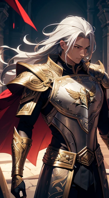 A man, silver hair, gold Eagle knight, fine armor, intricate design, red details, silk, cinematic lighting, 4k, floating hair, sharp, prism, shining knight