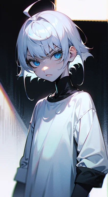 Boy, silver hair, blue eyes, serious sharp features, white skin, T-shirt sleeves