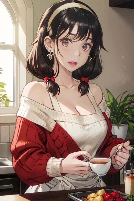 masterpiece, yor, 1girl, Amazing Cleavage:1.3, thin waist, big ass, Raised sexy, medium breast: 1.8 posed cleavage:1.2、solo, looking at viewer, open mouth, have a cup of coffee,black hair, red eyes, dress, bare shoulders, jewelry, collarbone, sidelocks, hairband, earrings, indoors, off shoulder, :o, sweater, arms behind back, plant, short hair with long locks, white hairband, off-shoulder dress, sweater dress, off-shoulder sweater, red sweater, big side hair, very long side hair,is rendered in (masterpiece: 1.2, best quality), with (ultra high resolution) and an exquisite (depth of field). This masterpiece is not only visually stunning but also tells, teach of cooking ,in the kitchen