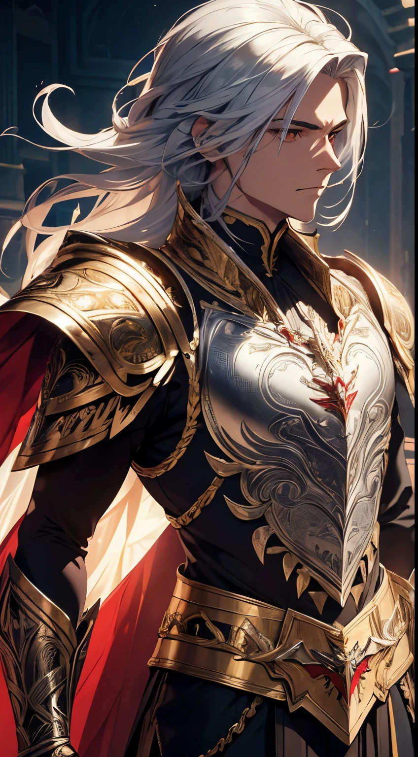 A man, silver hair, gold Eagle knight, fine armor, intricate design, red details, silk, cinematic lighting, 4k, floating hair, sharp, prism, shining knight
