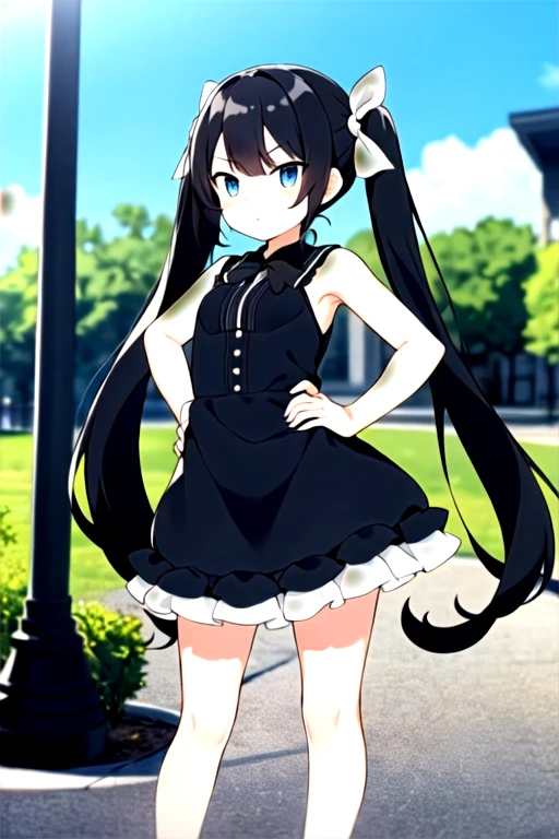 masterpiece, highest quality, Long Hair, Twin tails, Black Hair, blue eyes, Ruffled Dress, Elbow hand pockets, Outdoor, Hands on hips,