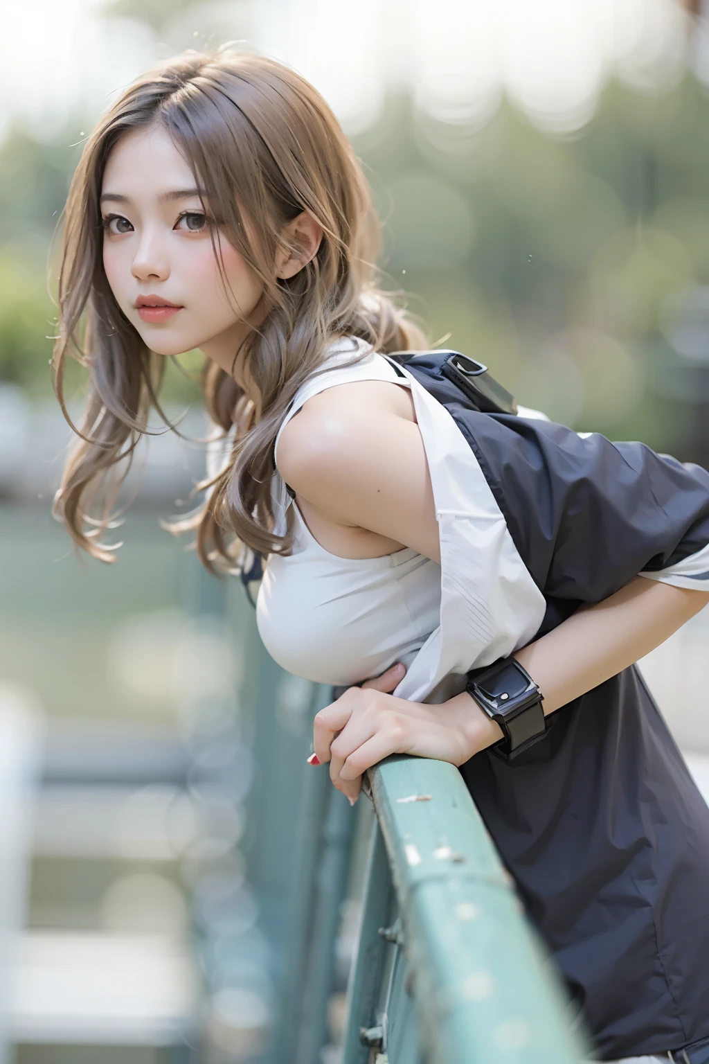 An Arafat woman leaning against a railing with a backpack on her shoulders、Anime Thai Girl、Attractive girl、Young and pretty girl、若いAsian woman、若いAsian Girl、Cute face girl、Attractive pose、The innocent look of the girl next door、Casual pose、Asian Girl、Cute young woman、Beautiful model girl、Asian woman、masterpiece、8k、Cleavage、big、Bust Details、Hair Details、Eye details