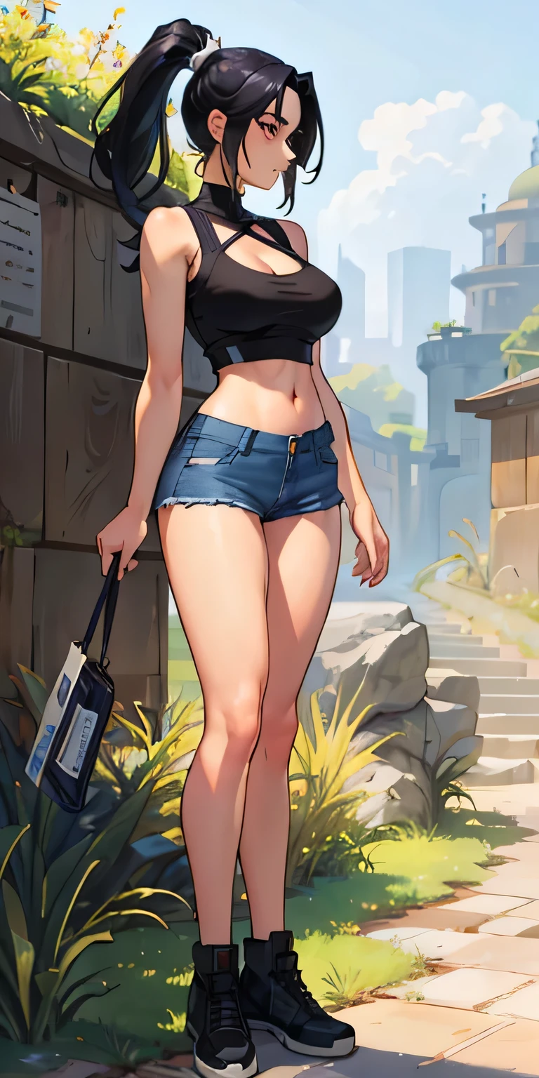 The beautiful, (tmasterpiece:1.2), (Best quality at best:1.2), perfect eyes, s the perfect face, perfect litthing, 1个Giant Breast Girl, Sam, full body, metathorax, black in color, , black hair, Crop top, cutoff point, Denim, denim short, facing away, has cleavage, high legs, high legs, long whitr hair, median furrow, , Micro shorts, , pony tails, shorter pants, shorter pants, Side breasts, Background with, Alone, vests, upper legs, Tong, underbust, underdressing, venue, grassy, walkway, humongous large breast, Wide hips, Place your arms at your sides