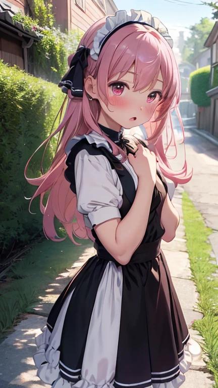 masterpiece、highest quality、Very detailed、8k CG、
Photograph the upper body、1 female、(Put your arms behind your back:1.2)、Are standing、Turn your body forward、View your viewers、(Classic maid outfit)、blush、shy、(trembling:1.2)、Pink Hair、Open your mouth、garden、