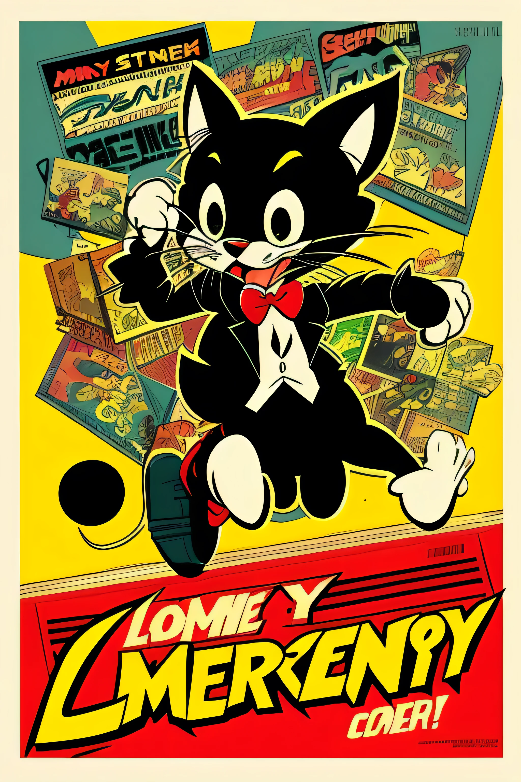 American comic、fleischer studio,Anime, pop-art, typographic, Vintage ,black cat cartoon Anime character、Tom and Jerry Wind,looney tunes style,