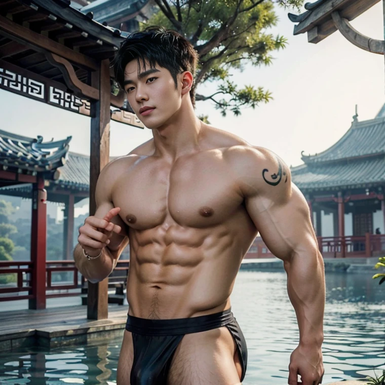 2 Handsome chinese guy kissing, smilling at each other, bare chest , strong sport muscle body, wet body, water drops on the skin, show the abs, 20 years old,hug, cuddle, touching lips, skin ship, romantic, Asian, chinese hansome actor, kpop idol, handsome male model,manly, master work, best picture quality, higher quality, high detail, super high resolution, 8k resolution, perfect clear sun light,perfect eyes, perfect skin, manly jawline, manly chin, perfect hands, big chest muscles, bare chest, big juicy butts, tattoos chest, tattoo hands, tattoo legs, tattoo back, tattoo arms,earings, ancient pendents, braceles, glowing eyes, short mess curly hair, hair details, detailed background , open Hanfu transparent (see throught) ,super skiny chinese loincloth, big bulge, wet cloth, golden and silver detail in cloth, detailed perfect abs, Chinese garden background, detailed background, Chinese kung fu,skinny anciennt chinese costumes, spinning floating particles, chinese temple in background,
